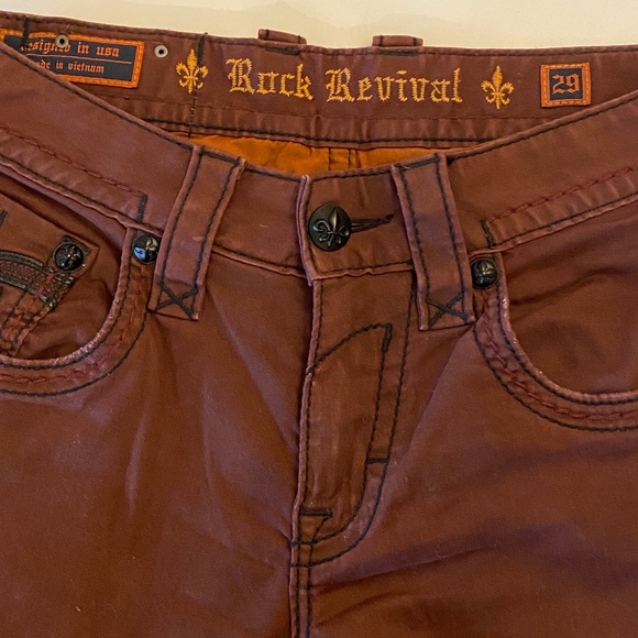 Rock Revival Distressed Dark Red/ Burgundy Denim Jeans, Men's Size 29/30 - Picture 5 of 7